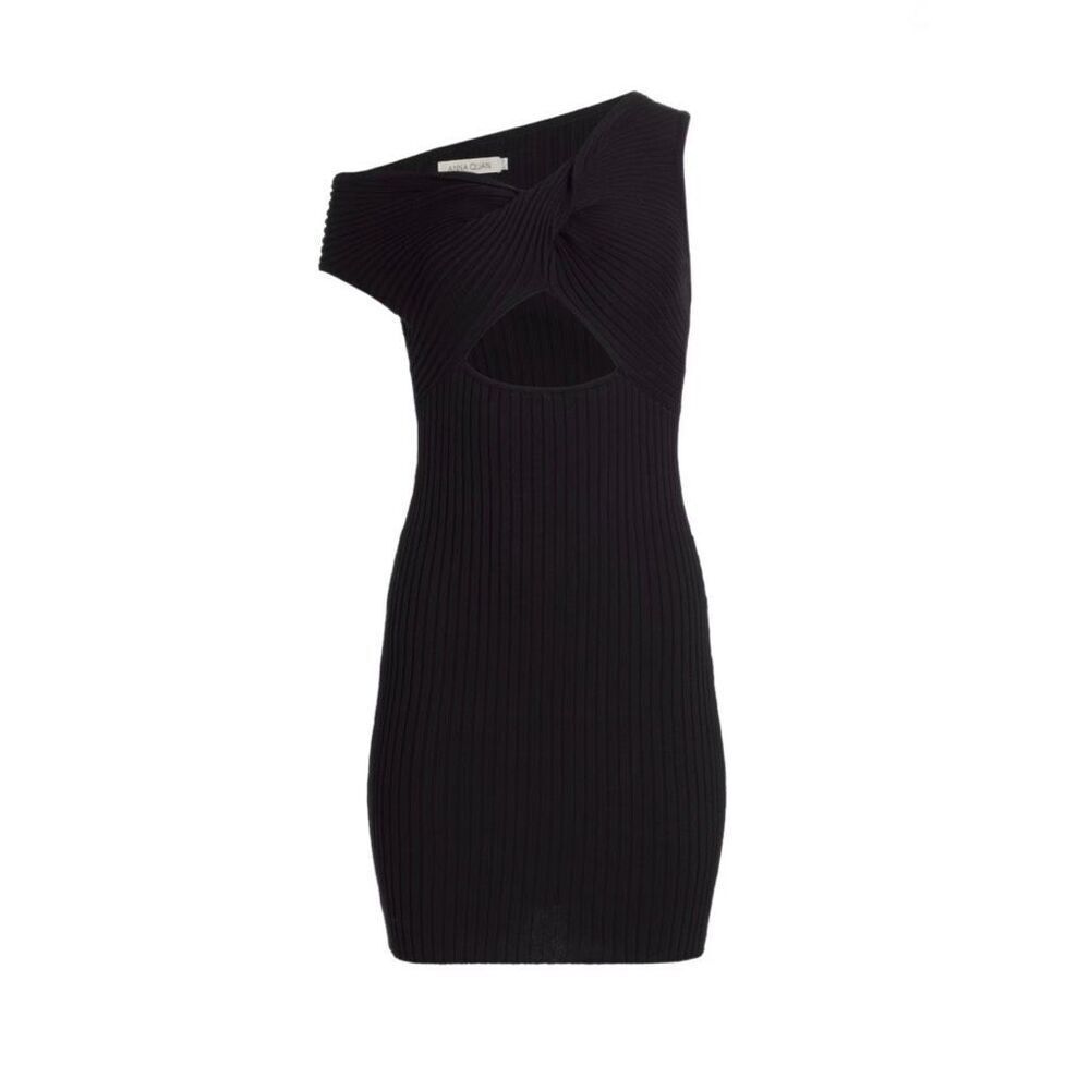 Anna Quan Zali Dress 10 Black Ribbed Knit One Shoulder Cutout Mini Bodycon NWT - Picture 6 of 13